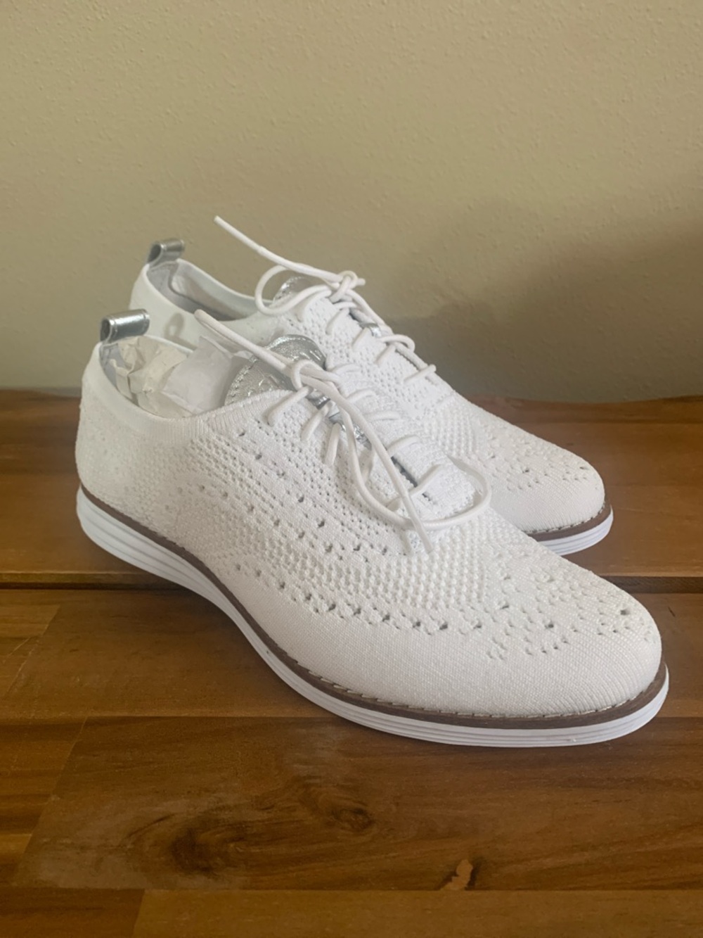 Cole Haan White Knit Lace-Up Casual Sneakers with Brown Trim